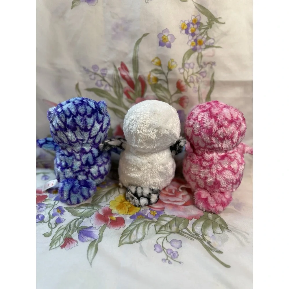 Ty Beanie Boo‎ Owl Trio-Pink,White,Purple sparkle, plush, stuffed animals, Lot